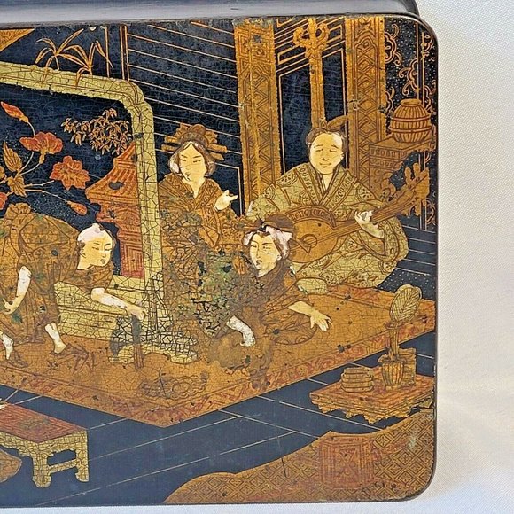 Japanese Antique Papier Mache Lacquer Painted Trinket Box Meiji Period 19th Cent - Picture 2 of 10